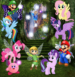 Size: 2158x2207 | Tagged: safe, artist:andoanimalia, artist:dashiesparkle, artist:estories, artist:kysss90, artist:user15432, artist:venjix5, derpibooru import, fluttershy, pinkie pie, rainbow dash, starlight glimmer, twilight sparkle, twilight sparkle (alicorn), alicorn, butterfly, human, pegasus, pony, unicorn, amulet, aura, blue fairy, butterfly wings, crossover, fairies, fairies are magic, fairy, fairy pony, fairy wings, forest, hasbro, hasbro studios, humanized, hylian, jewelry, kirby, kirby (character), link, luigi, luigidash, luigishy, luitwi, magic, magic aura, magical forest, maridash, mario, mario & luigi, mariopie, marioshy, necklace, nintendo, princess pinkie pie, super mario bros., super smash bros., the legend of zelda, the legend of zelda: the wind waker, toon link, waterfall, winged humanization, wings