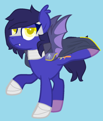 Size: 916x1068 | Tagged: safe, artist:php115, bat pony, pegasus, pony, alternate universe, anti-hero, armor, balancing, base used, bat ponified, bat wings, blue background, blue hair, boots, cape, clothes, colored pupils, crossover, cute, cute little fangs, digital art, ear fluff, ear tufts, eyeliner, fangs, femboy, fluffy hair, frown, galaxia, glare, golden eyes, guard, hair over one eye, headcanon, hooves, kirby, knight, lgbt headcanon, lidded eyes, looking at you, makeup, male, mask, meta knight, ms paint, nintendo, ponified, race swap, raised hoof, raised leg, shoes, shoulder pads, show accurate, simple background, solo, species swap, spread wings, stallion, standing, sword, teeth, trans boy, transgender, unamused, wall of tags, weapon, wings