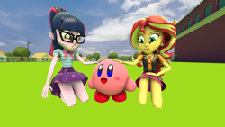 Size: 1920x1080 | Tagged: safe, artist:optimussparkle, sci-twi, sunset shimmer, twilight sparkle, better together, equestria girls, 3d, canterlot high, clothes, cute, female, geode of empathy, geode of telekinesis, glasses, kirby, kirby (character), magical geodes, male, nintendo, ponytail, puffball, shimmerbetes, skirt, source filmmaker, twiabetes