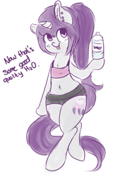 Size: 1249x1920 | Tagged: safe, artist:wickedsilly, oc, oc only, oc:wicked silly, pony, semi-anthro, belly button, bipedal, cute, ear piercing, midriff, piercing, solo, tongue out, water bottle