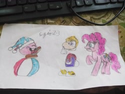 Size: 4608x3456 | Tagged: safe, artist:ezio1-3, derpibooru import, pinkie pie, earth pony, pony, crossover, kirby, marx, rayman, traditional art