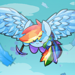 Size: 474x474 | Tagged: safe, artist:temmie_kun, derpibooru import, rainbow dash, pegasus, pony, blush sticker, blushing, crossover, eye clipping through hair, eyes closed, feather, flying, kirby, kirbyfied, pickaxe, smiling, solo, spread wings, sword, weapon, wings