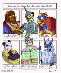 Size: 1072x1280 | Tagged: safe, artist:macrodamia, spike, anthro, bear, big cat, bird, dragon, lion, panda, penguin, robot, abs, angry, beastars, bender bending rodriguez, cigar, clothes, futurama, gigachad spike, gohin (beastars), king dedede, kirby, male, muscles, older, older spike, robin hood, six fanarts