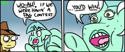 Size: 565x237 | Tagged: artist needed, safe, braeburn, lyra heartstrings, comic, dialogue, duo, faggot, faic, floppy ears, gayburn, looking at each other, open mouth, pointing, slur, underhoof, vulgar