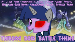 Size: 1024x576 | Tagged: safe, edit, editor:mega-poneo, twilight sparkle, cyborg, pony, access ark, boss battle, glowing eye, grin, kirby, kirby: planet robobot, remix, smiling, solo