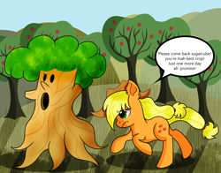 Size: 3000x2350 | Tagged: safe, artist:rainbowtashie, derpibooru import, applejack, earth pony, pony, apple, apple tree, applejack's hat, cowboy hat, crossover, dialogue, female, food, freckles, hat, kirby, kirby 64, mare, orchard, speech bubble, stetson, tree, whispy woods