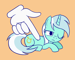 Size: 2000x1600 | Tagged: safe, artist:sazanamibd, lyra heartstrings, pony, unicorn, cute, disembodied hand, female, hand, kirby, lyrabetes, mare, one eye closed, orange background, poking, prone, simple background, solo