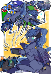 Size: 2031x2952 | Tagged: safe, artist:snowillusory, derpibooru import, nightmare moon, princess luna, queen chrysalis, alicorn, changeling, changeling queen, dog, pony, abstract background, alternate hairstyle, android, beard, blanket, chest fluff, chubbie, clothes, crescent moon, detroit: become human, facial hair, fangs, female, fire flower, gamer luna, goomba, headset, heart, inkling, inkling girl, joycon, kirby, knife, link, moon, mouth hold, nightmare luna, nintendo switch, pillow, piranha plant, plushie, pokémon, smiling, solo, sonic the hedgehog, sonic the hedgehog (series), speech, splatoon, stars, super mario bros., superstar, the legend of zelda, tongue out, triforce, umbreon, video, waluigi