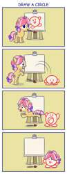 Size: 1000x2575 | Tagged: safe, artist:sazanamibd, kettle corn, earth pony, pony, 4koma, comic, copy ability, crossover, easel, eaten alive, female, filly, inhaling, kirby, kirby (character), mouth hold, paintbrush, running, sucking, transformation, vore, vore transformation