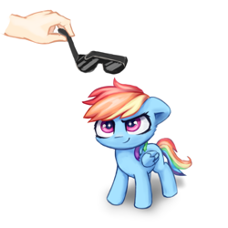 Size: 2500x2500 | Tagged: safe, artist:inowiseei, part of a set, rainbow dash, human, cute, dashabetes, female, filly, filly rainbow dash, floppy ears, hand, offscreen character, simple background, smiling, solo, starry eyes, sunglasses, white background, wingding eyes, younger