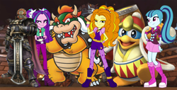 Size: 1664x848 | Tagged: safe, artist:diegator007, artist:mit-boy, artist:mixiepie, artist:vg805smashbros, adagio dazzle, aria blaze, sonata dusk, human, equestria girls, barely eqg related, bowser, crossover, ganondorf, king dedede, kirby, legend of zelda: twilight princess, nintendo, super mario bros., super smash bros., the dazzlings, the legend of zelda