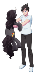 Size: 1965x3800 | Tagged: safe, artist:mylittlesheepy, oc, oc only, oc:golden jewel, oc:tobias, human, pony, heterochromia, holding a pony, non-mlp oc, simple background, transparent background