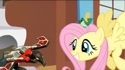 Size: 1148x644 | Tagged: safe, edit, edited screencap, screencap, fluttershy, hummingway, hummingbird, pegasus, pony, a bird in the hoof, laserbeak, this will end in pain, this will end in tears, transformers