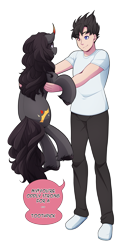 Size: 1965x3800 | Tagged: safe, artist:mylittlesheepy, oc, oc only, oc:golden jewel, oc:tobias, human, pony, cute, dialogue, heterochromia, holding a pony, nervous, non-mlp oc, simple background, smiling, transparent background