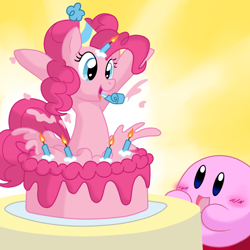 Size: 800x800 | Tagged: safe, artist:perfectpinkwater, derpibooru import, pinkie pie, earth pony, pony, cake, crossover, food, hat, kirby, kirby (character), kirby pie, party, party hat, pop out cake