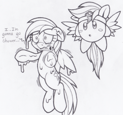 Size: 516x482 | Tagged: safe, artist:dfectivedvice, derpibooru import, rainbow dash, pegasus, pony, crossover, dialogue, grayscale, horrified, implied vore, kirby, kirby (character), kirby dash, monochrome, post-vore, sketch, traditional art, video game