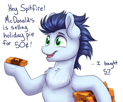 Size: 1109x914 | Tagged: safe, artist:confetticakez, soarin', pony, adorkable, chest fluff, cute, dialogue, dork, implied spitfire, mcdonald's, pie, soarinbetes, solo, that pony sure does love pies, this will end in weight gain