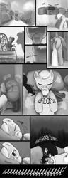 Size: 1500x3917 | Tagged: safe, artist:nimaru, oc, oc only, oc:landslide, oc:luau, earth pony, pony, comic:like a landslide, bag, bed, comic, female, grayscale, heavy breathing, male, mare, monochrome, screaming, sleeping, stallion