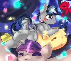 Size: 1306x1131 | Tagged: safe, artist:fluffire, oc, oc only, oc:daturea eventide, oc:melon frost, oc:shaddie quindecim, oc:tinisparkler, oc:verlo streams, bat pony, pony, cute, plushie