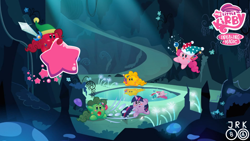 Size: 1024x576 | Tagged: safe, artist:jrk08004, derpibooru import, pinkie pie, twilight sparkle, earth pony, pony, cave, cave pool, crossover, kirby, kirby (character), kirby pie, kirby twilight, kirbyfied, mirror pool, star rod, sword, warp star, weapon