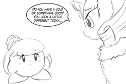 Size: 1125x750 | Tagged: safe, artist:lumineko, derpibooru import, coco pommel, rarity, pony, unicorn, crossover, dialogue, duo, duo female, female, implied vore, kirby, kirby (character), monochrome, sketch