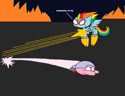 Size: 1986x1522 | Tagged: safe, artist:trc-tooniversity, derpibooru import, rainbow dash, pegasus, pony, robot, robot pony, crossover, gun, kirby, kirby (character), mecha, ms paint, weapon