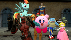 Size: 1366x768 | Tagged: safe, artist:migueruchan, derpibooru import, rainbow dash, pegasus, pony, 3d, batman, blastoise, crossover, deadpool, gmod, kirby, kirby (character), leonardo, metroid, nintendo, pokémon, princess peach, samus aran, sega, sonic the hedgehog, sonic the hedgehog (series), super mario bros., superman, teenage mutant ninja turtles