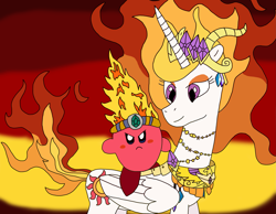 Size: 3155x2448 | Tagged: safe, artist:supahdonarudo, nightmare star, princess celestia, alicorn, pony, fire, jewelry, kirby, kirby (character), kirby celestia, momlestia, nicemare star, nintendo, riding