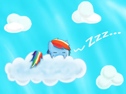 Size: 800x599 | Tagged: safe, artist:solvandus, derpibooru import, rainbow dash, pegasus, pony, cloud, female, kirby, kirby (character), kirby dash, sleeping, solo, zzz