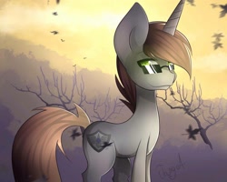 Size: 2048x1638 | Tagged: safe, artist:lyapustk, oc, oc only, oc:order compulsive, pony, unicorn, autumn, commission, dead tree, leaves, signature, solo, sunglasses, sunlight, tree