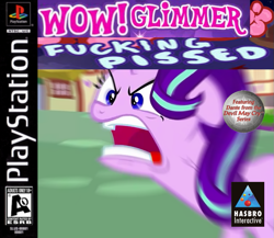 Size: 825x717 | Tagged: safe, edit, edited screencap, screencap, starlight glimmer, pony, all bottled up, box art, caption, expand dong, exploitable meme, featuring dante from the devil may cry series, game grumps, hasbro interactive, image macro, kirby, meme, playstation, playstation 1, ragelight glimmer, solo, super grep simulator, vulgar, wow! glimmer