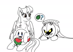 Size: 2388x1702 | Tagged: safe, artist:tillie-tmb, oc, oc:melon seed, pegasus, pony, crossover, female, food, kirby, kirby (character), mare, meta knight, monochrome, neo noir, partial color, watermelon