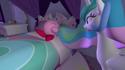 Size: 1360x768 | Tagged: safe, artist:darkwee009, princess celestia, alicorn, pony, 3d, crossover, cuddling, cute, cutelestia, daaaaaaaaaaaw, female, kirby, kirby (character), mare, momlestia, nintendo, princess celestia's bedroom, sleeping