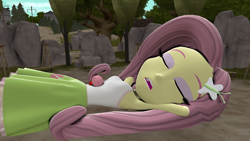 Size: 3020x1698 | Tagged: safe, artist:shrunkenlover, fluttershy, equestria girls, 3d, armpits, clothes, eyes closed, giantess, kirby, kirby (character), macro, scenery, skirt, sleeping, source filmmaker, tanktop