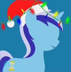 Size: 795x800 | Tagged: safe, artist:arifproject, edit, part of a set, minuette, pony, unicorn, animated, arif's christmas pones, beautiful, blue background, christmas lights, cute, derpibooru background pony icon, female, garland, gif, happy, hat, horn, lights, lineless, mare, minimalist, minubetes, santa hat, simple background, smiling, solo