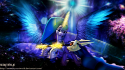 Size: 3840x2160 | Tagged: safe, artist:serenitysartwork, princess celestia, alicorn, pony, 3d, dem wings, fence, lance, magic, night, polearm, signature, solo, source filmmaker, weapon