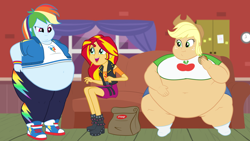 Size: 1920x1080 | Tagged: safe, artist:neongothic, applejack, rainbow dash, sunset shimmer, fanfic:a 1000 pound cowgirl?!? i don't think so!, equestria girls, equestria girls series, amplejack, applefat, appleshimmer, bbw, belly, belly button, big belly, boots, burger, chubby cheeks, double chin, fast food, fat, fat fetish, female, fetish, food, hamburger, high heel boots, huge belly, illustration, junk food, legs, lesbian, morbidly obese, obese, rainblob dash, shipping, shoes, show accurate, ssbbw, story included, sunsetdash