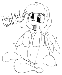 Size: 1280x1560 | Tagged: safe, artist:pabbley, derpy hooves, pegasus, pony, belly button, female, giggling, hiccups, mare, monochrome, open mouth, simple background, sitting, solo, spread wings, white background