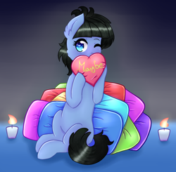 Size: 1044x1024 | Tagged: safe, artist:semakurushi-poky, oc, oc only, oc:abstract module, blushing, candle, heart, on bed, one eye closed, pillow, sitting, solo, wink