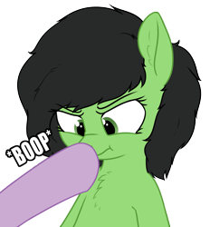 Size: 2071x2232 | Tagged: safe, artist:smoldix, twilight sparkle, oc, oc:anon, oc:anon filly, :t, boop, bust, caption, chest fluff, cross-eyed, ear fluff, female, implied twilight sparkle, nose wrinkle, offscreen character, scrunchy face, simple background, solo focus, transparent background