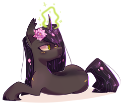 Size: 1024x860 | Tagged: safe, artist:raponee, oc, oc only, oc:lotus, pony, unicorn, female, flower, magic, mare, prone, solo