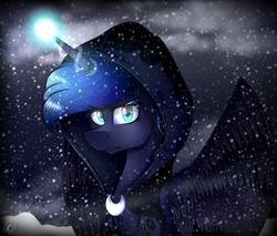 Size: 2000x1700 | Tagged: safe, artist:norica-official, princess luna, alicorn, pony, a hearth's warming tail, cloak, clothes, magic, snow, snowfall, solo, spirit of hearth's warming yet to come, spread wings