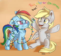 Size: 1750x1600 | Tagged: safe, artist:dbleki, derpy hooves, rainbow dash, pegasus, pony, angry, chest fluff, christmas, christmas lights, cute, dashabetes, derpabetes, fluffy, fluffyball, happy, rainbow dash is not amused, tangled up, unamused