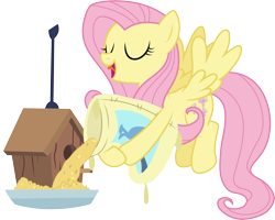 Size: 3743x3001 | Tagged: safe, artist:cloudyglow, fluttershy, pegasus, pony, inspiration manifestation, bird feed, bird house, eyes closed, female, mare, open mouth, simple background, solo, spread wings, tongue out, transparent background, vector, wings