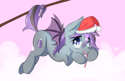 Size: 1024x663 | Tagged: safe, artist:kawaiipony2, oc, oc only, bat pony, pony, cute, hat, looking at you, ocbetes, santa hat, solo