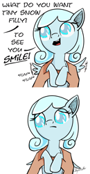 Size: 1564x3001 | Tagged: safe, artist:chopsticks, oc, oc only, oc:snowdrop, pegasus, pony, blind, cute, dialogue, feels, female, filly, flapping, frown, holding a pony, looking down, mood whiplash, offscreen character, open mouth, reality ensues, sad, sadorable, simple background, smiling, solo, spread wings, tiny ponies, we are going to hell, what do you want, white background