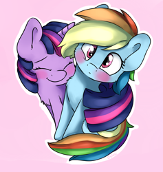 Size: 1800x1900 | Tagged: safe, artist:dbleki, rainbow dash, twilight sparkle, pegasus, pony, blushing, chest fluff, confused, cuddling, cute, female, gradient background, hug, lesbian, love, shipping, snuggling, tail hug, twidash