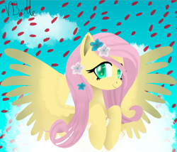 Size: 768x656 | Tagged: safe, artist:nabbiekitty, artist:sorcerell, fluttershy, pegasus, pony, bust, cloud, flower, flower in hair, looking at you, portrait, smiling, solo, spread wings, stray strand, trace, wings