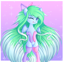 Size: 3712x3600 | Tagged: safe, artist:fluffymaiden, oc, oc only, oc:amaranthine sky, pony, bipedal, clothes, looking at you, one eye closed, socks, solo, spread wings, tongue out, wink