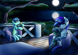 Size: 1280x907 | Tagged: safe, artist:elmutanto, lyra heartstrings, oc, oc:emerald symphony, oc:raribot, robot, canon x oc, colt, emerald symphony, female, lyre, male, married couple, mother and child, mother and son, night, parent and child, parents:canon x oc, patio, raribot, shipping, singing, sleeping